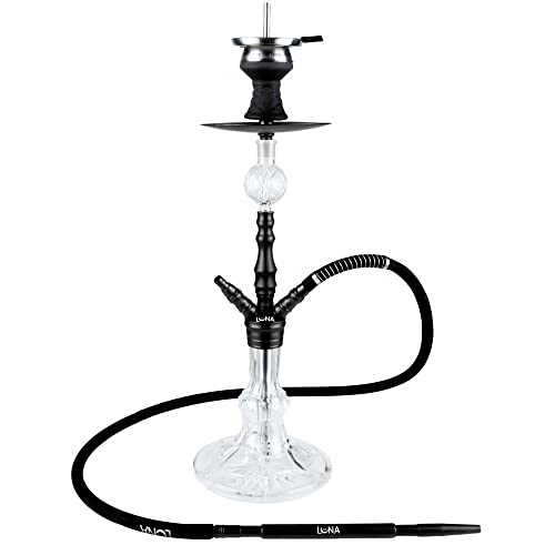 LUNA MINIMA Shisha Set Komplett 18/8er Schliff Anschlüsse Closed Chamber System | Zubehör inkl. Schlauch - Mundstück - Zange - Steinkopf - Kaminaufsatz - Molassefänger - Knickschutz | (Schwarz)