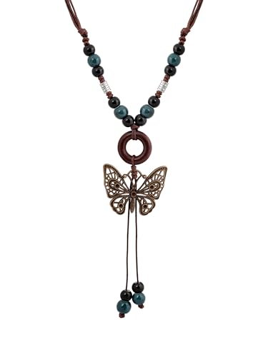 MINACHI Hippie Boho Colorful Ceramic Bead Butterfly Charm Pendant Y Necklace, Vintage Bohemian Statement Jewelry Gift for Women