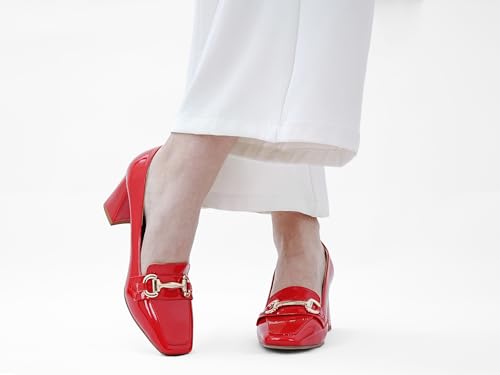 Image of Womens Mid Block Chunky Heeled Loafers Closed Square Toe Patent Leather Comfortable Slip On Pumps Metal Chain Basic Classic Casual Work Office Dress Shoes 2.8 Inches Heels