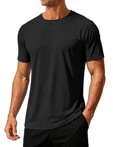 Image of SMENG Mens Tops Summer Short Sleeve UPF 50+ Rash Vest Tee Quick Dry Crew Neck Swimming Fishing Tshirt Men Black L