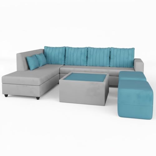Image of CASASTYLE Stylano 8 Seater Fabric LHS L Shape Sofa Set with 1 Centre Table & 2 Ottoman (Sky Blue -Light Grey) 8-Person Seating with Premium Velvet Finish