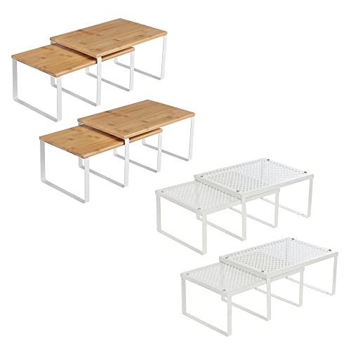 SONGMICS Expandable Spice Racks Bundle, Set of 4 Metal Kitchen Counter Shelves and Set of 4 Metal and Bamboo Spice Racks, Stackable Cabinet Shelf Organizers, White and Natural UKCS006W01 and