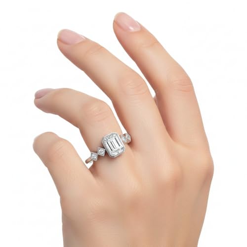 Image of Choose Your Gemstone Bezel Set Emerald Accented Diamond CZ Ring Rose Gold Plated Emerald Shape Side Stone Engagement Rings for Women, Girls and Ladies US Size 4 to 12