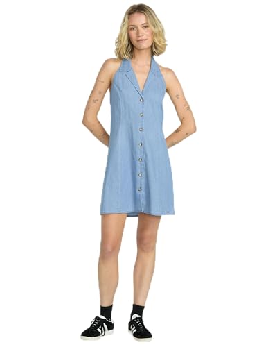Volcom Saweet Cotton Denim Mini Vintage-Inspired A-Line Halter Dress with Princess Seams Robe décontractée, Chambray, M Femme