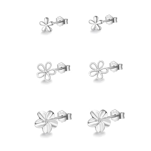 Image of HinDaLi 3 Pairs 925 Sterling Silver Flower Earrings for Women Girls Silver Flowers Studs Earrings Set Women Earring Studs Small Daisy Earring Sleeper Cartilage