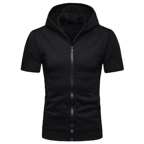 Mens Comfortable Zip Up Hoodie Short Sleeve Lightweight Thin Solid Color Full Zipper Lightweight Shirts with Pockets