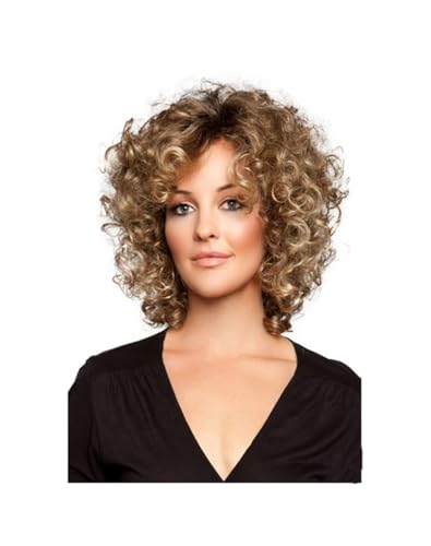 Perruque synthétique courte pour femme aspect naturel cheveux bouclés ondulés blond brun
