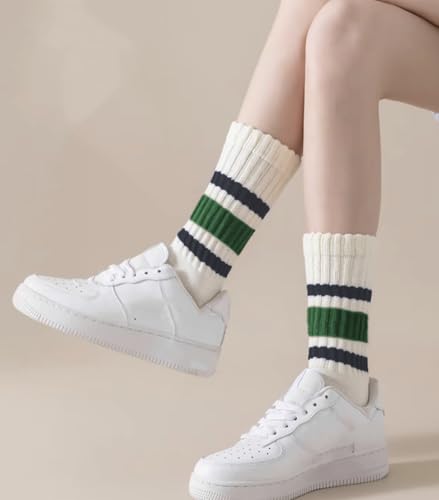 Image of 3 Pairs Women Striped Tube Socks Fun Novelty Cute Crew Socks Retro Sport Mid-Calf Socks for Women Grils