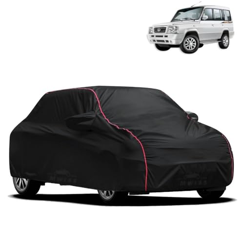 Image of Waterproof Car Cover for Tata Victa | All-Weather Protection, Dustproof & UV Resistant | Triple Stitched Mirror Pockets, Windproof Buckle Strap with Elastic Hem, Black-Red Piping