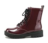 Soda FIRM - Lug Sole Combat Ankle Bootie Lace up w/Side Zipper (Burgundy Patent, numeric_8)