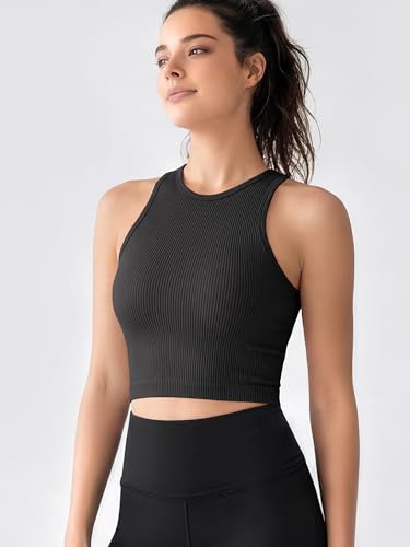 Image of ODODOS 3-Pack Seamless Crop Tank for Women Ribbed Soft High Neck Cropped Tops, Black+Black+Black, Medium /Large