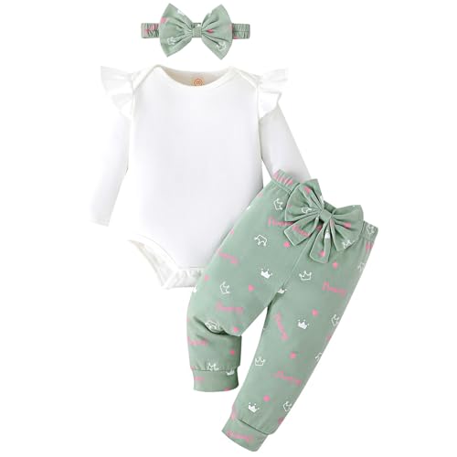 Image of GDTOGRT Newborn Baby Girl Clothes Outfit Set Sweet Ruffle Romper, Pants and Headband 0 3 6 9 12 18 Months Infant Clothing