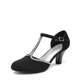 DREAM PAIRS Escarpins Femme Petit Talon à Lanière T, Chaussures Rétro Élégantes et Confortables pour Soirée, Mariage et Occasions Formelles,Size 37,Noir Strass,SDPU26001W