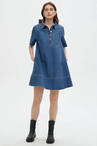 Image of EZAPINE Womens Denim Shirt Dress Collared Button Up V Neck Casual A Line Jean Dresses with Pockets