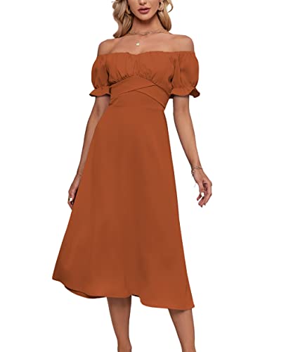 Image of LYANER Women's Off Shoulder Wrap Ruffle Puff Short Sleeve Ruched Tie Back Dress