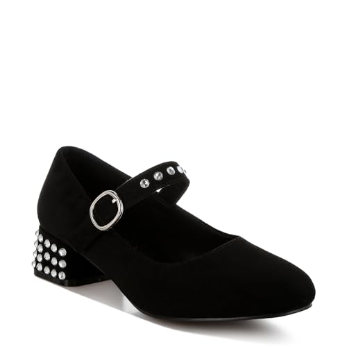 Image of London Rag Women's Studded Mary Jane Pumps | Block Heel Buckle Strap Dress Shoes | Vintage Style Casual Office & Party Footwear