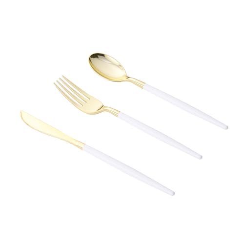 Goodluck 150 PCS White Gold Plastic Silverware Set for 50 Guests 50 Knives 50 Forks and 50 Spoons Food-grade material free of BPA Gold Plastic Cutlery Ideal for Weddings Birthdays Graduation