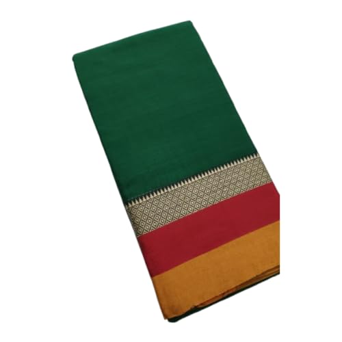 Image of Narayanpet Cotton Saree for Women | Green Plain Body with Contrast Red & Mustard Pallu | Traditional Border South Indian Handloom | Festive & Office Wear | Premium Ethnic Drape