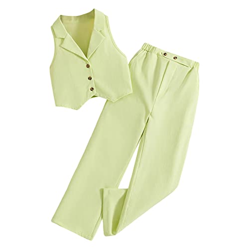 Conjunto de ropa de 2 piezas para niña, chaleco corto con botones frontales y pantalones de pierna ancha (verde, 10-11 años)