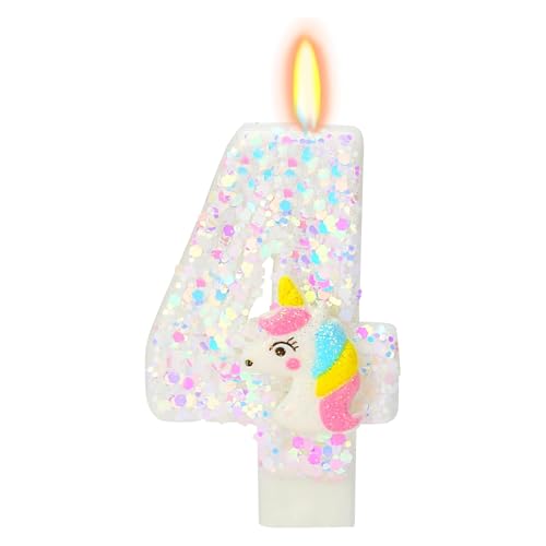 DazzJoy Einhorn Geburtstagskerzen Zahlen 4 Einhorn Kerze 4 Geburtstag Mädchen Unicorn Geburtstagskerze 4. Geburtstag Mädchen Unicorn Tortendeko Geburtstagsdeko 4 Jahre Kerzen Zahlen 4 Weiß
