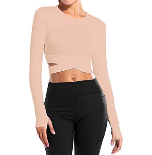 Bontierie Women Crew Neck Crop Tops Tummy Cross Long Sleeve Shirt for Yoga Fitness Running Tank Tops (Pink Long, Small)