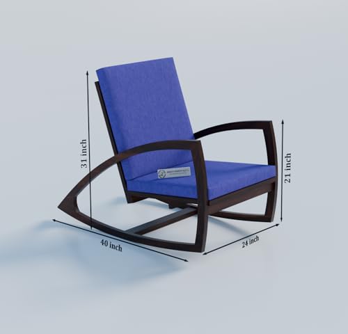 Image of Jangid Handicraft Solid Sheesham Wooden Rocking Chair for Living Room | Lounge Chair for Bedroom | Contemporary Swing Arm Chair for Balcony | Modern Arm /Sofa Chair | Navy Blue Cushion & Walnut Finish