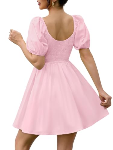 Image of Womens Babydoll Dress 2026 Summer Casual Puff Sleeve V Neck Cute Boho Smocked Flowy Short Sundress Beach Mini Dresses
