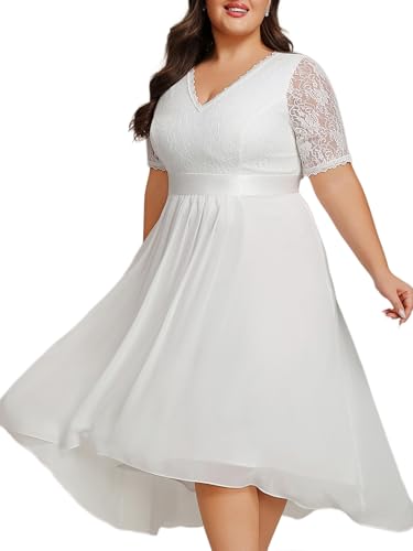 Image of Ever-Pretty Women's V Neck Pleated A Line Lace Chiffon Half Sleeves Midi Plus Size Cocktail Wedding Guest Dresses White US22