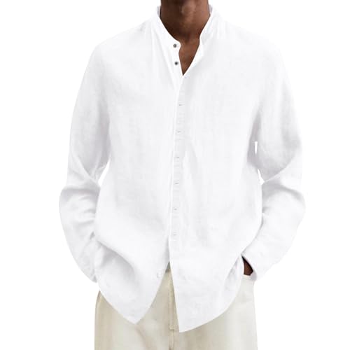 Uomo Camicia in Lino Estiva Manica Lunga Camicie Cotone Bianca