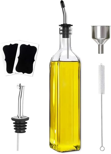 Leaflai Olive Oil Dispenser Bottle, 1 Pcs Glass Olive Oil Dispenser and Vinegar Dispenser Set with 2 Stainless Steel Pourers, 2 Labels,1 Brush and 1 Funnel Oil Bottles for Kitchen (500ml)