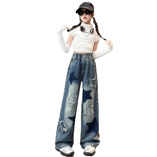 Baggy Jeans for Girls Wide Leg High Elastic Waisted Denim Pants Summer Trousers Y2K Streetwear 4-15 Years
