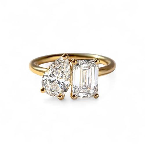 4 CT Yellow Gold Toi Et Moi Engagement Ring | Pear and Emerald Cut Moissanite | Vintage Two-Stone Ring | Unique Bridal Jewelry