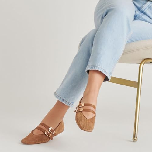 UBWDU Suede Mary Jane Flats for Women Perforated Round Toe Ballet Flats Comfortable Ballerina Shoes with Double Buckle Strap3
