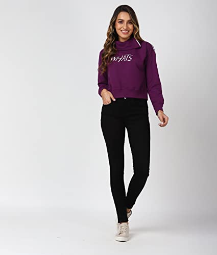 Image of UrbanMark Women High Neck Text Printed Crop Sweatshirt with Shoulder Zip-Purple