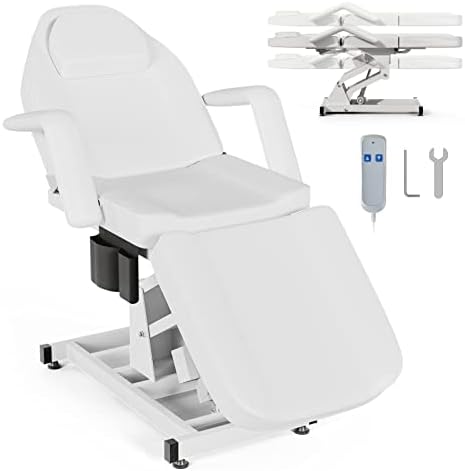 Paddie Electric Height Adjustable Tattoo Chair Facial Bed, Electric Lift Massage Table with Storage Pocket for Client/Esthetician, White