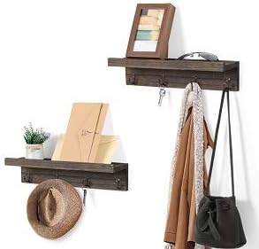 LIANTRAL Perchero de pared, juego de 2 estantes de pared con ganchos, 4 ganchos para abrigos y estante de madera, ganchos de pared para sombreros,