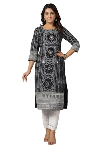 Image of Juniper Black Ethnic Motif Printed Rayon Slub Kurta with Beads & Sequins Work