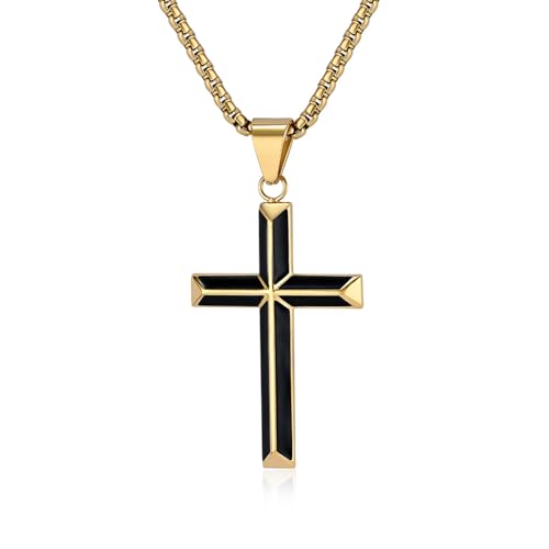 Cross Necklace for Men,Stainless Steel Black Gold Silver Jesus Christ Crucifix Pendant Necklaces Jewelry，60cm Rolo Chain