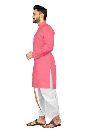 Image of UNIQUE MOMENTS Men's Cotton Dhoti Kurta Set with Full Sleeves Solid Pattern Modern Style and Mandarin Collar Neck | Perfect for Puja & Celebrations