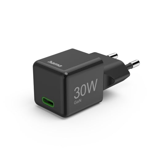 Hama Schnellladegerät (Ladegerät mit USB-C unterstützt Power Delivery und Qualcomm Quick Charge, 30 W, Super-Mini-Format 2,85 x 2,85 x 3,10 cm, GaN Charger, ideal für iPhone) schwarz