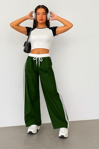 Image of SAKHWALA Women Track Pant | Women's Wide Leg Track Pants High Waist Drawstring Sweatpants with Side Stripes, Casual Loose Fit Lounge Joggers, White
