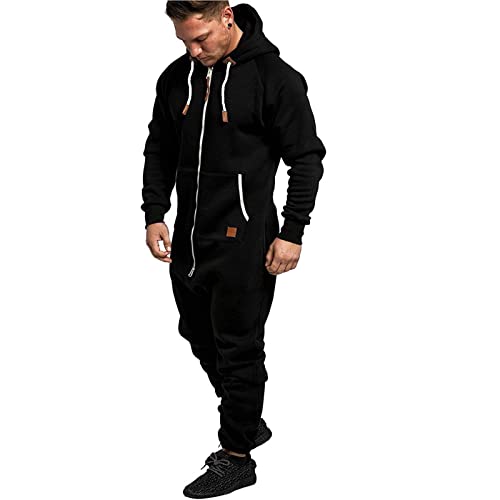 WUAI Onesie Men's Hooded Jumpsuit Zip Up One Piece Pajamas Playsuit Jogger Sweatsuit Overall Romper Black2