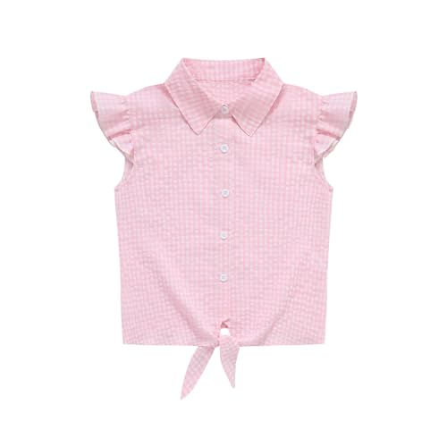 Girls Sleeveless Button Down Shirt Plaid Crop Tank Tops Summer Tie Knot Ruffle Sleeve Shirts Blouses