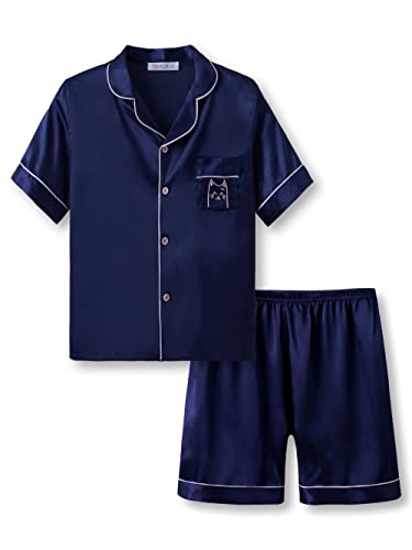 Image of Topgal Girls Satin Pajamas, Coat Style Silky Button Up, Size 6-16 | 2-Piece Button-Front Design; Easy Dressing; Relaxed Home Wear; Bedtime, Lounging, Sleepovers and Gifting