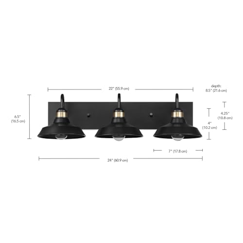 Image of Globe Electric 63000199 24 inch 3-Light Vanity Light, Matte Black, Brass Accents, Exposed Bulb, Bathroom /Makeup Mirror, Wall Light