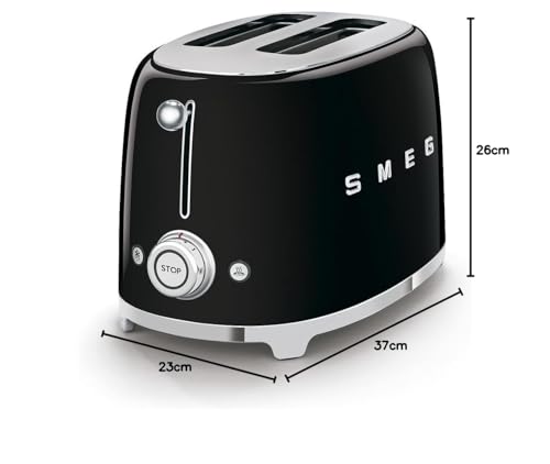 Image of Smeg Toaster, 2 Wide Slot, Original Italian Brand, Patented Smeg Color, Auto Center for Even Browning, Smart Crumb Tray Drawer, Multi-Use: Defrost, Reheat & Bagel, 6 Toast Level, 950W (Black)