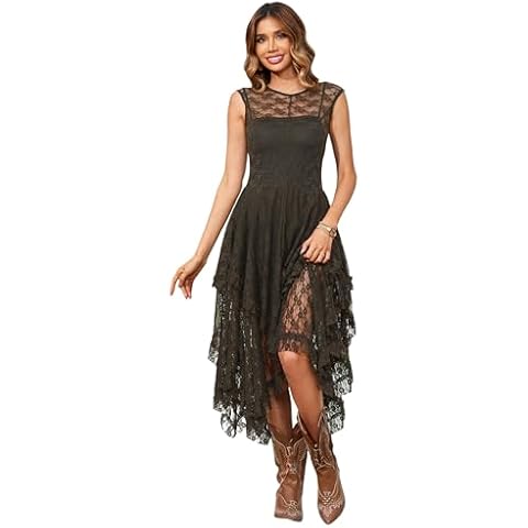 R.Vivimos Womens Sleeveless Backless Asymmetrical Layered Lace Long Dress with Slip Two Pieces (Large, ArmyGreen) Cover