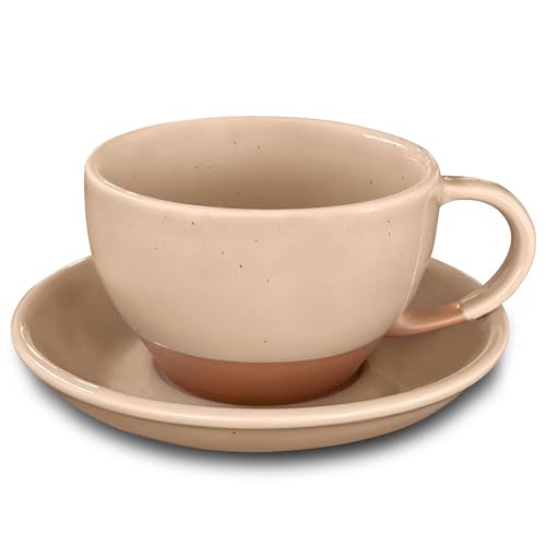 MORA Ceramic Latte Art Mug With Saucer - 10.5 oz, Round Bottom For Perfect Pours - Cafe Cups for Cappuccino, Espresso, Coffee, Tea etc - Porcelain Set for Baristas, Great Gift - Chai Latte