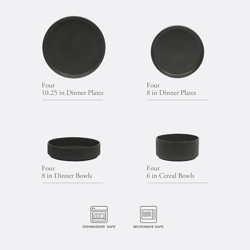 Image of Gibson Elite Deerfield 16-Piece Stoneware Dinnerware Set - Matte Black Reactive Glaze Plates and Bowls, Stackable, Modern Design, Service for 4 - Microwave & Dishwasher Safe
