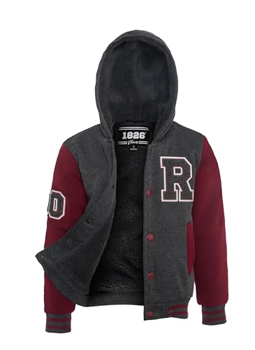 1826 Boys' Full-Zip Fleece Varsity Jacket with Fleece Sleeves and PU Sleeves with patches, Hooded and Sherpa Lining